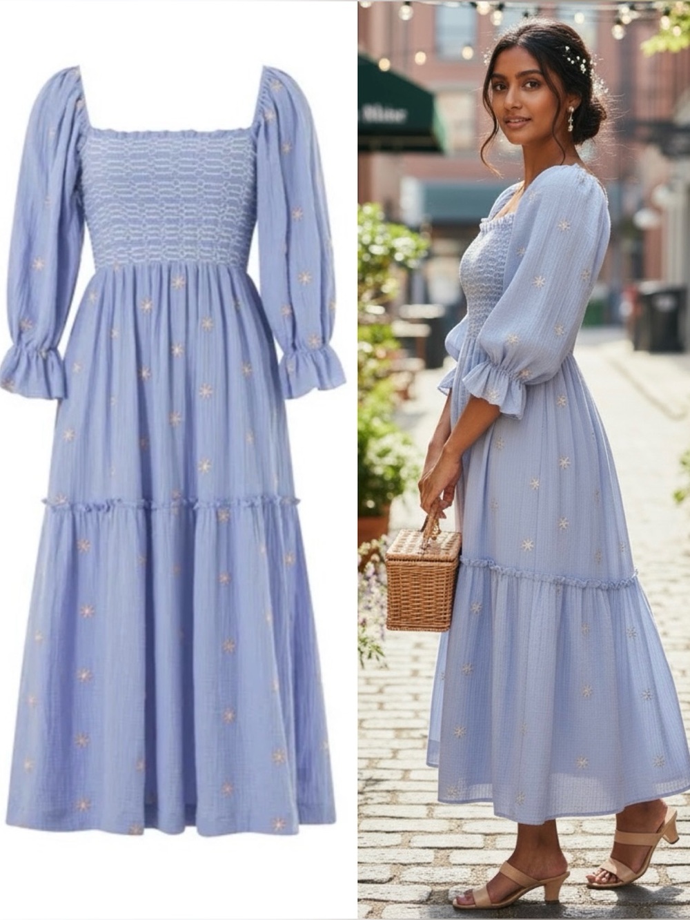 Unbranded Floral Tiered Midi Dress Long Sleeve Square Neck Embroidery Small Blue